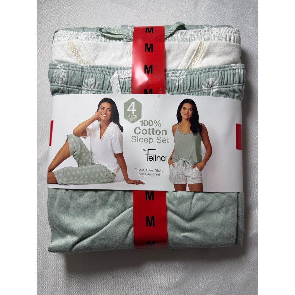 Felina Women 4 Piece 100% Cotton Sleep Set T-Shirt Cami Short Capri Sage Green M